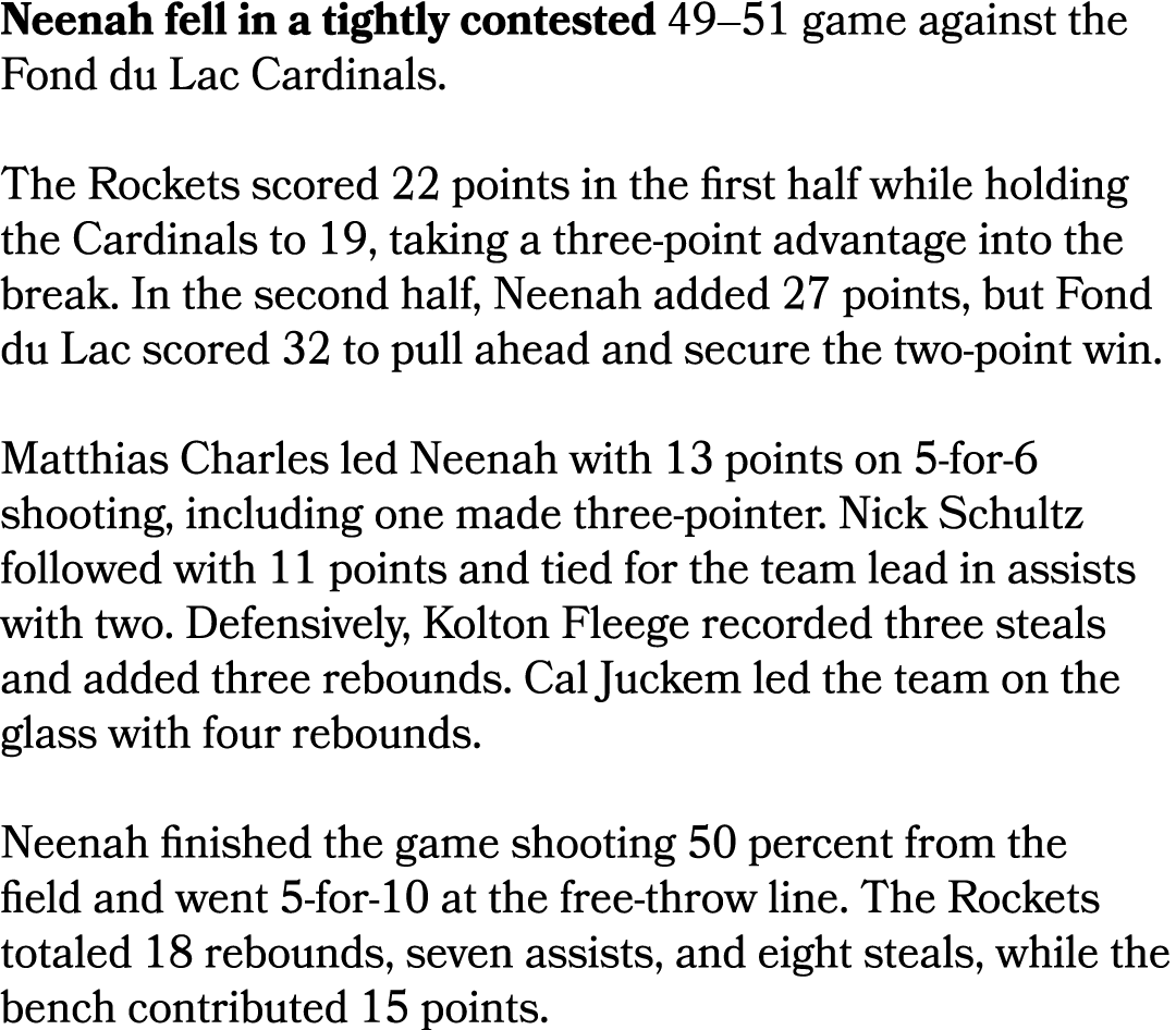 Neenah fell in a tightly contested 49–51 game against the Fond du Lac Cardinals. The Rockets scored 22 points in the ...