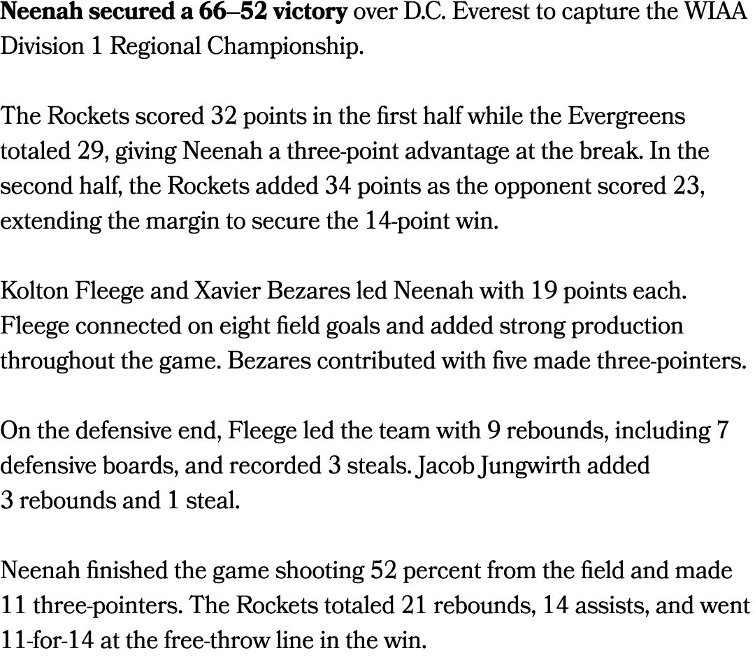 Neenah secured a 66–52 victory over D.C. Everest to capture the WIAA Division 1 Regional Championship. The Rockets sc...