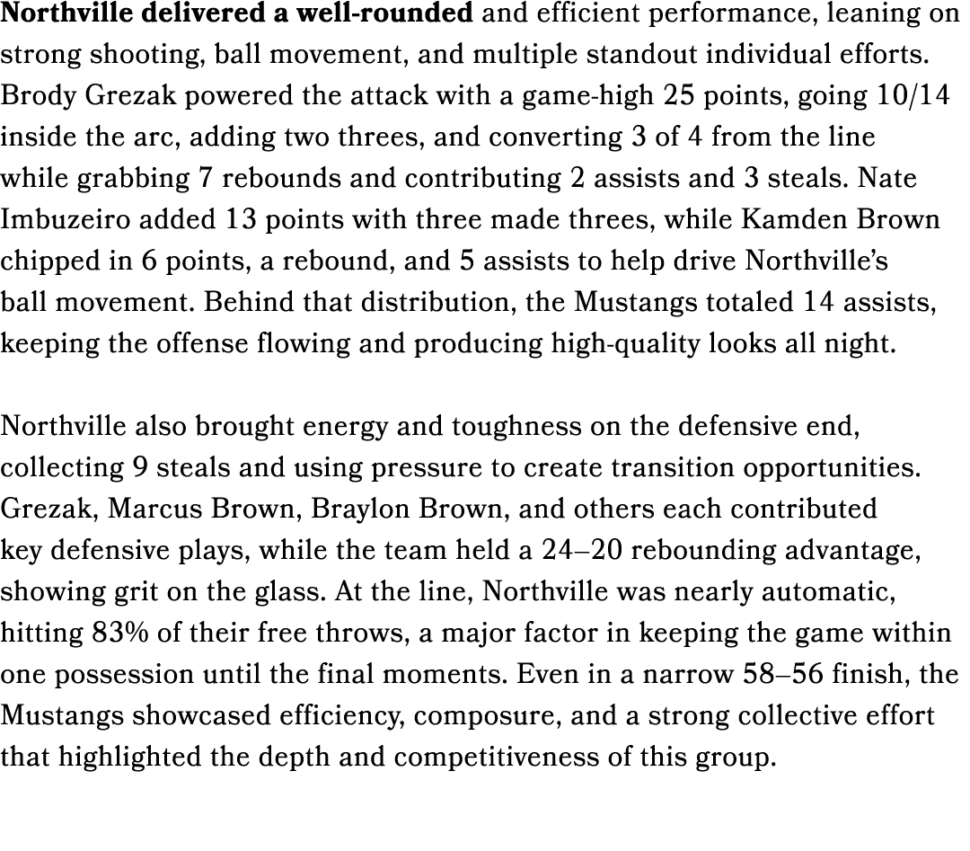 Northville delivered a well rounded and efficient performance, leaning on strong shooting, ball movement, and multipl...