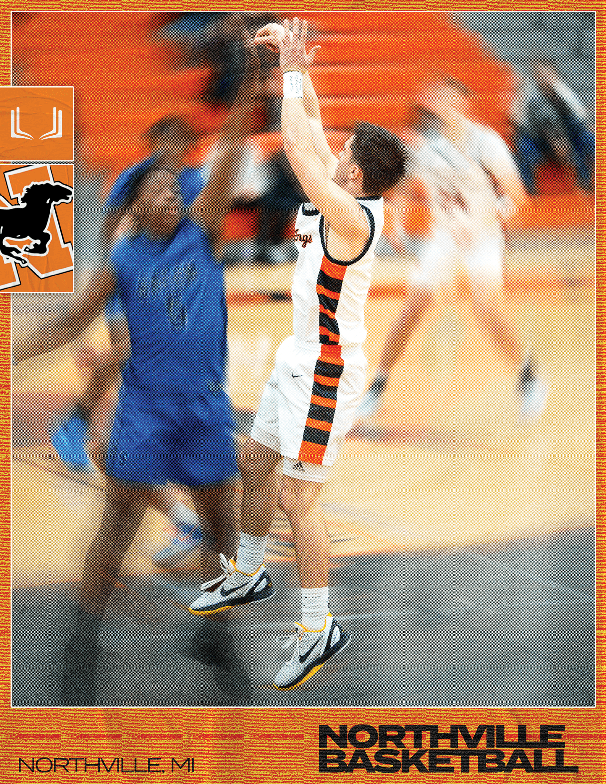 A basketball player in a blue uniform is jumping up to block a shot. AI generated content