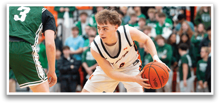 Two basketball players are on the court, one wearing a green jersey and the other wearing a white jersey. The players are in the middle of the court, with one player holding a basketball. The crowd is watching the game, and there are several people in the background. AI generated content