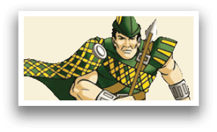 A man wearing a green and yellow plaid outfit and a green hat is holding a bow and arrow. AI generated content