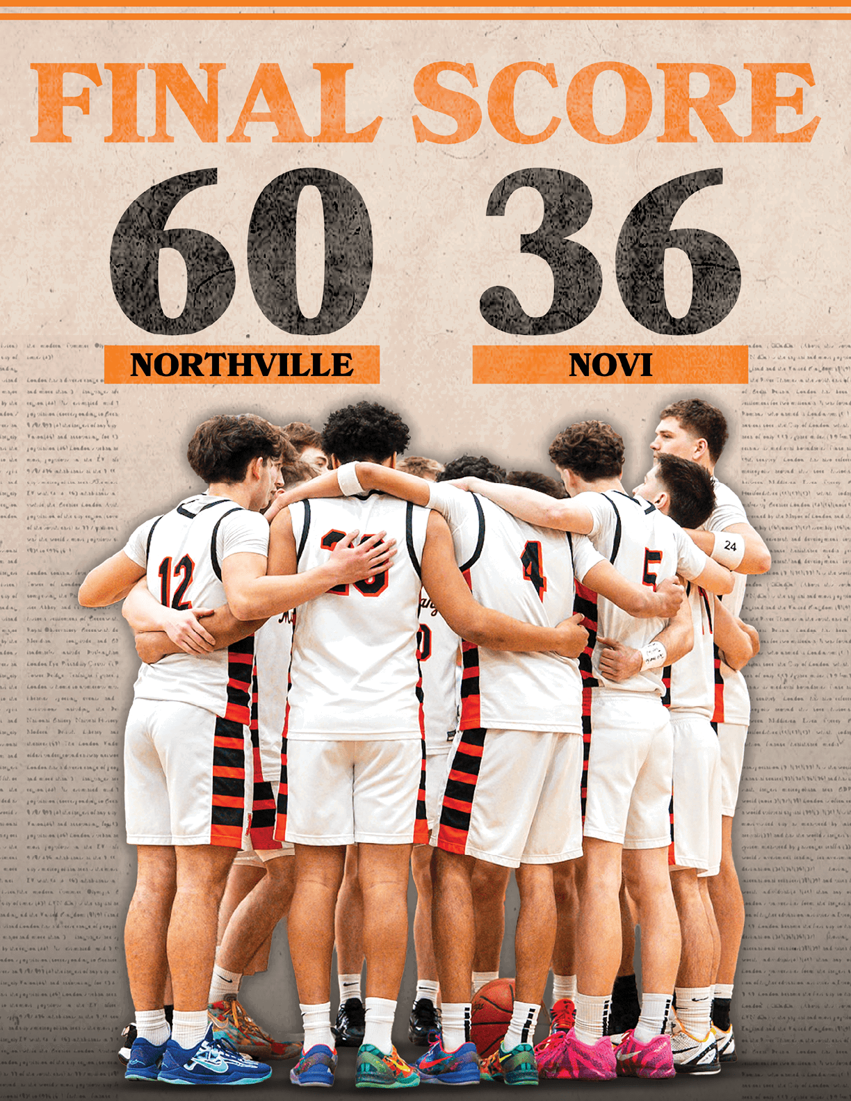 A group of men wearing white and black uniforms huddle together on a basketball court. AI generated content