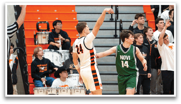 A basketball player is reaching up to shoot the ball while a defender tries to block him. AI generated content