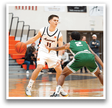 Two basketball players on the court, one in a white uniform and the other in a green uniform. AI generated content