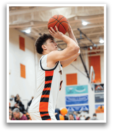 A basketball player in a white and orange uniform is jumping to catch a basketball. AI generated content