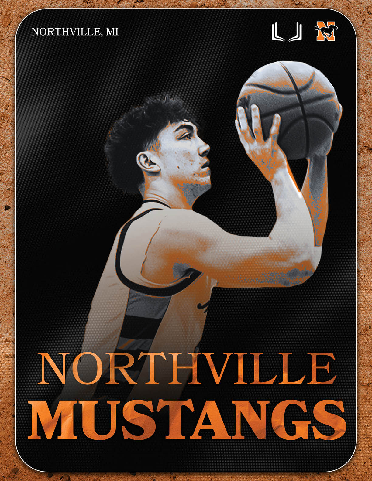 A basketball player in a black and orange uniform is holding a basketball. AI generated content