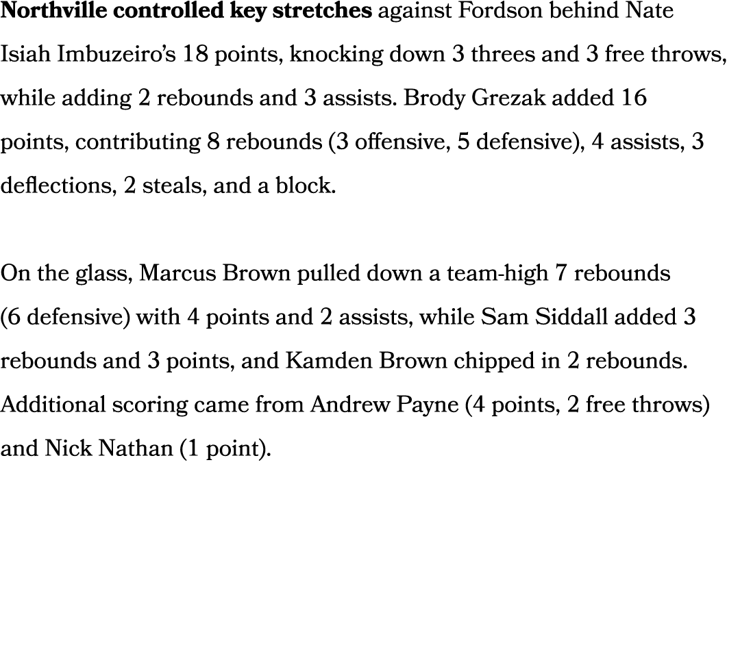 Northville controlled key stretches against Fordson behind Nate Isiah Imbuzeiro’s 18 points, knocking down 3 threes a...