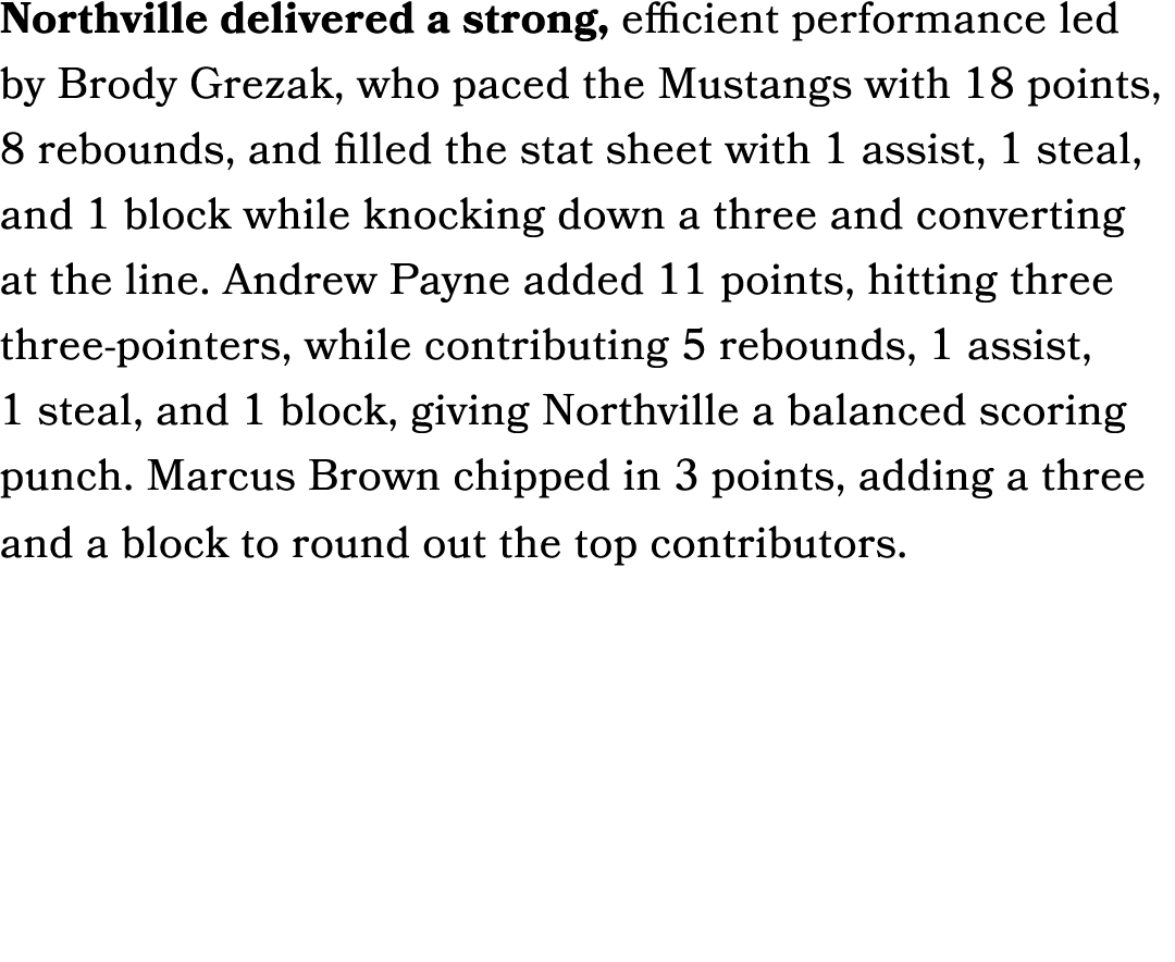 Northville delivered a strong, efficient performance led by Brody Grezak, who paced the Mustangs with 18 points, 8 re...