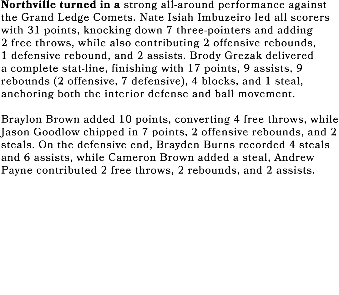 Northville turned in a strong all around performance against the Grand Ledge Comets. Nate Isiah Imbuzeiro led all sco...