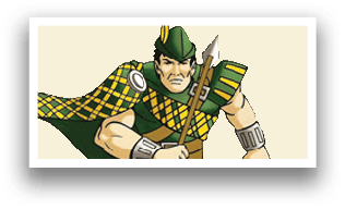 A cartoon man wearing a green and yellow plaid outfit and holding a bow and arrow. AI generated content