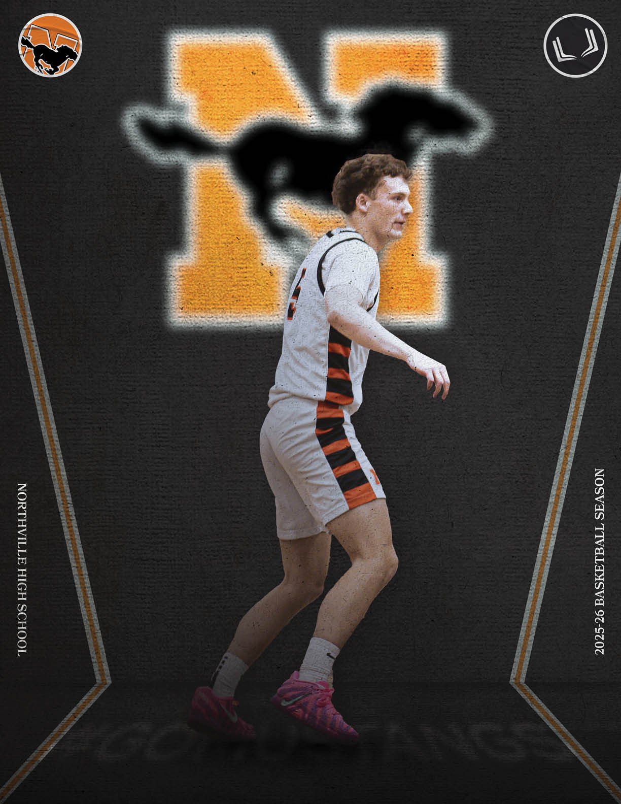 A male athlete wearing a white shirt and black shorts is running on a basketball court. AI generated content