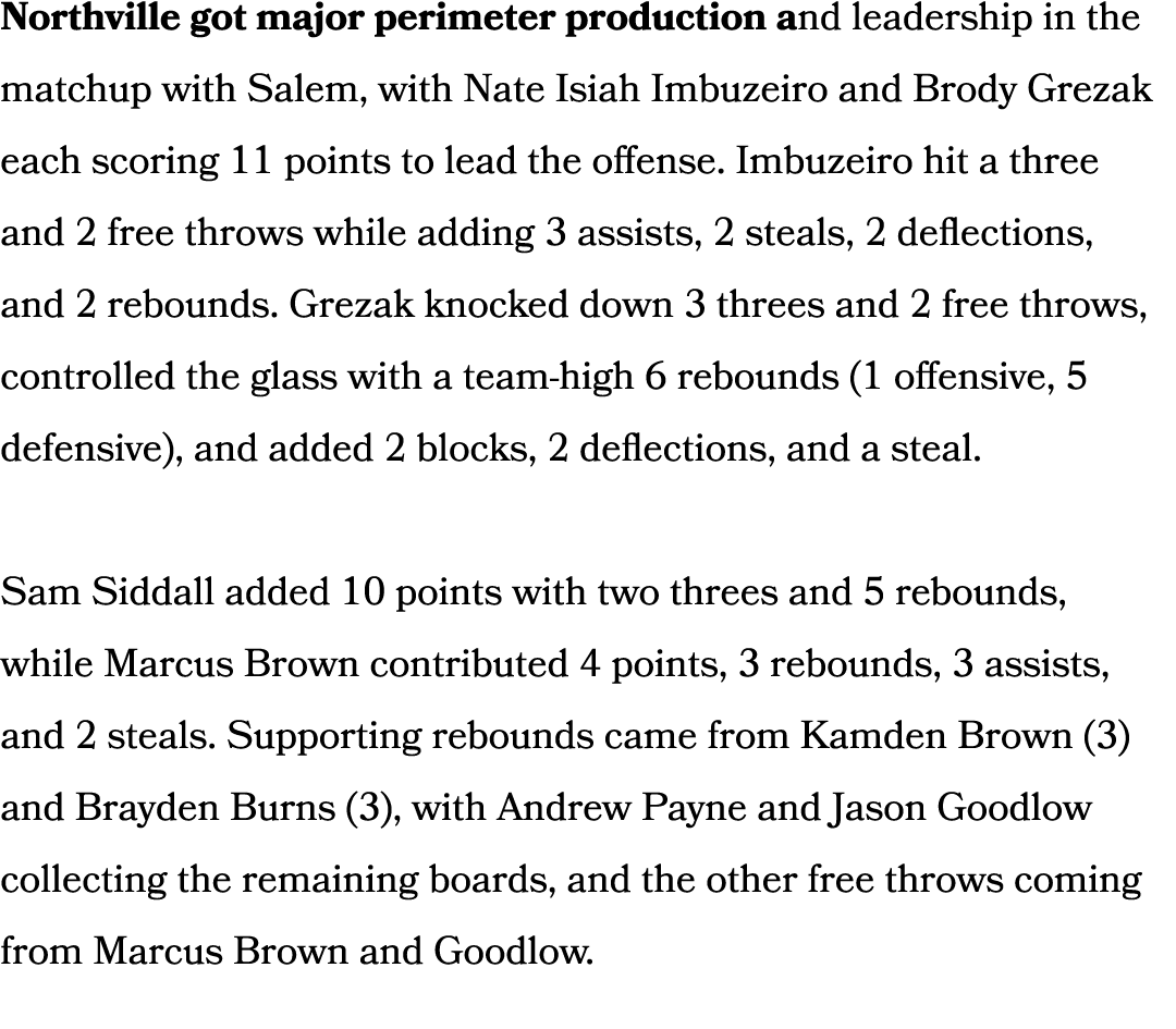 Northville got major perimeter production and leadership in the matchup with Salem, with Nate Isiah Imbuzeiro and Bro...