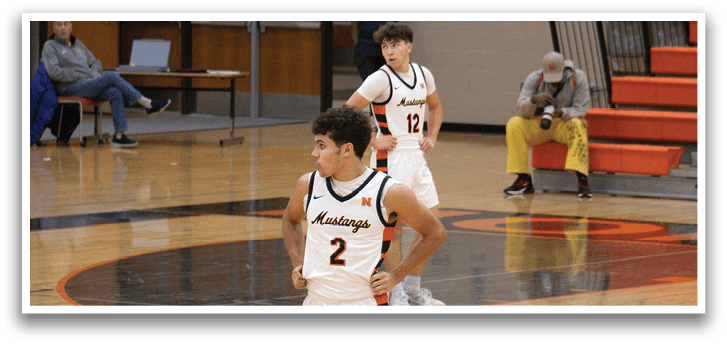 A basketball court with two players on it. AI generated content