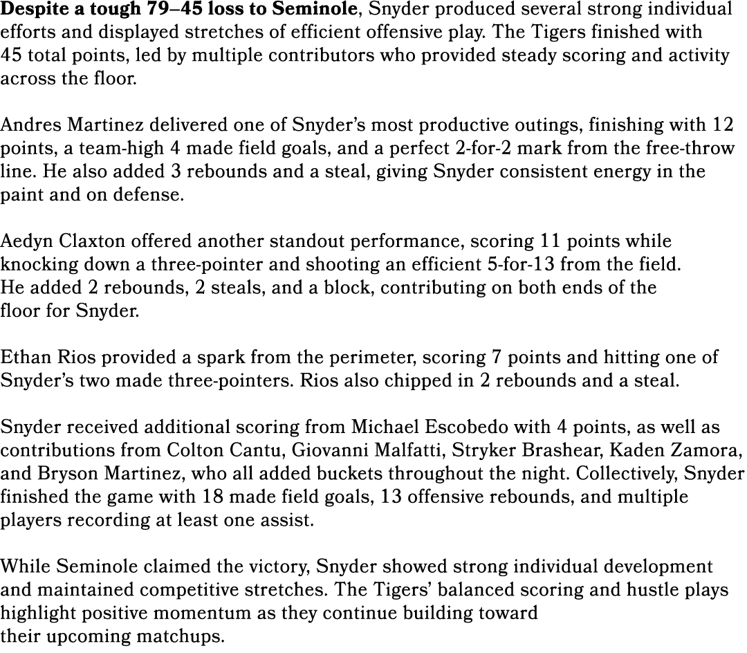 Despite a tough 79–45 loss to Seminole, Snyder produced several strong individual efforts and displayed stretches of ...