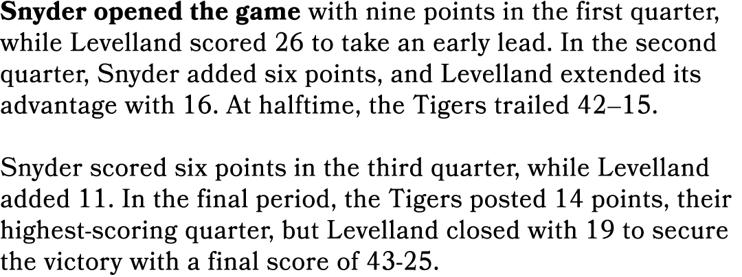 Snyder opened the game with nine points in the first quarter, while Levelland scored 26 to take an early lead. In the...