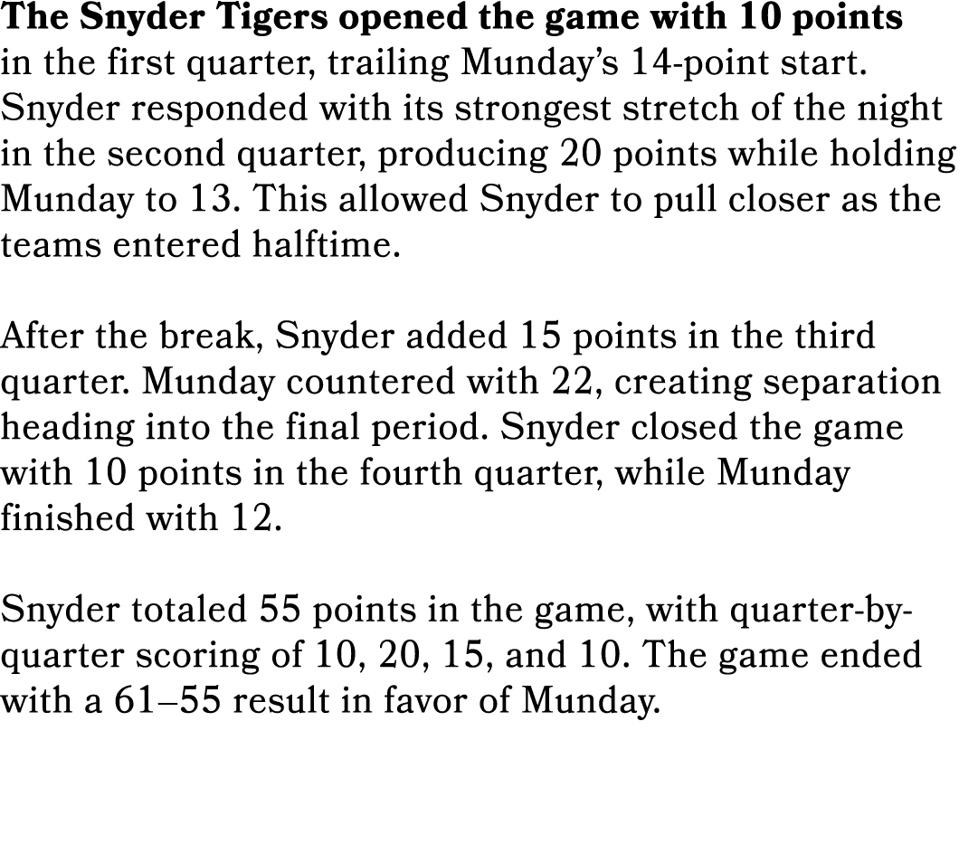 The Snyder Tigers opened the game with 10 points in the first quarter, trailing Munday’s 14 point start. Snyder respo...