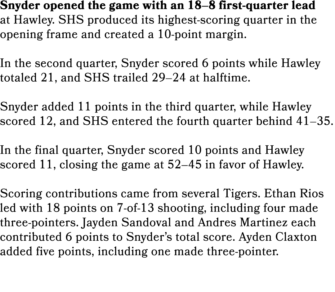 Snyder opened the game with an 18–8 first quarter lead at Hawley. SHS produced its highest scoring quarter in the ope...