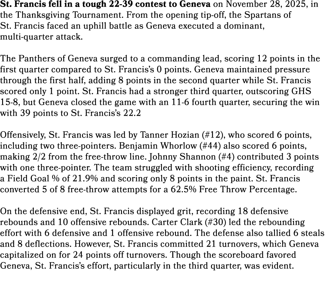 St. Francis fell in a tough 22 39 contest to Geneva on November 28, 2025, in the Thanksgiving Tournament. From the op...