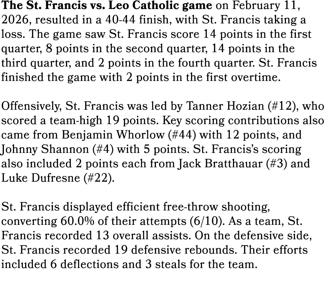 The St. Francis vs. Leo Catholic game on February 11, 2026, resulted in a 40 44 finish, with St. Francis taking a los...