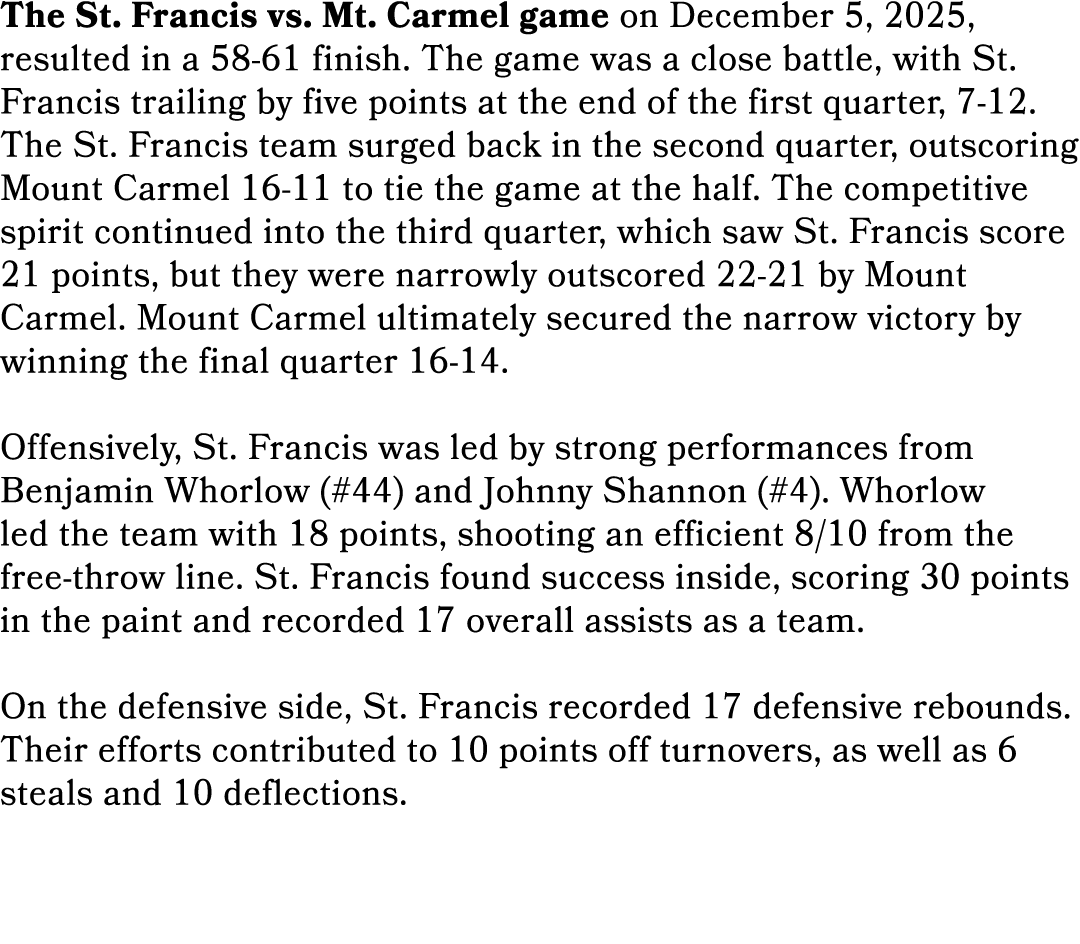 The St. Francis vs. Mt. Carmel game on December 5, 2025, resulted in a 58 61 finish. The game was a close battle, wit...