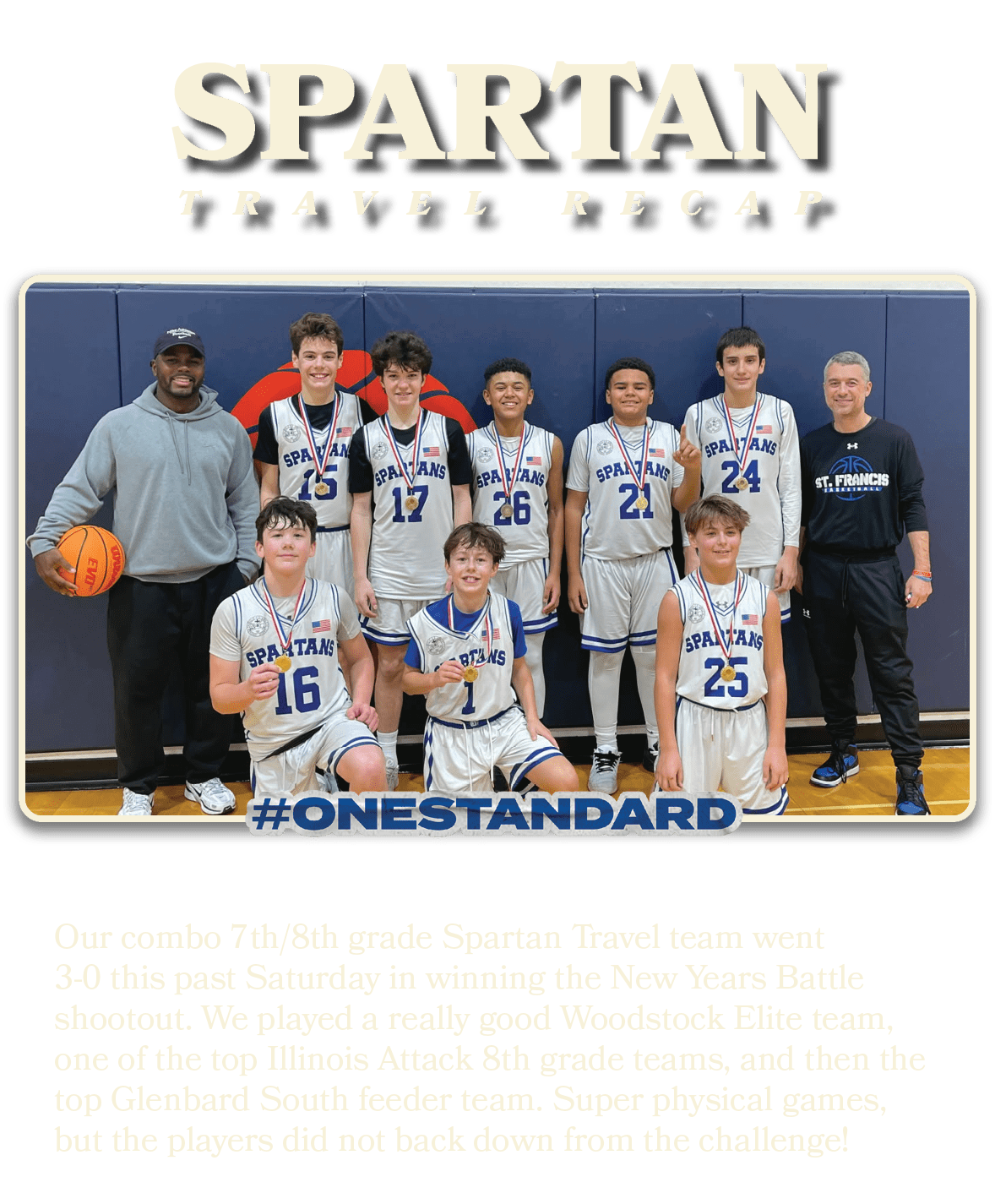 Our combo 7th/8th grade Spartan Travel team went 3 0 this past Saturday in winning the New Years Battle shootout. We ...
