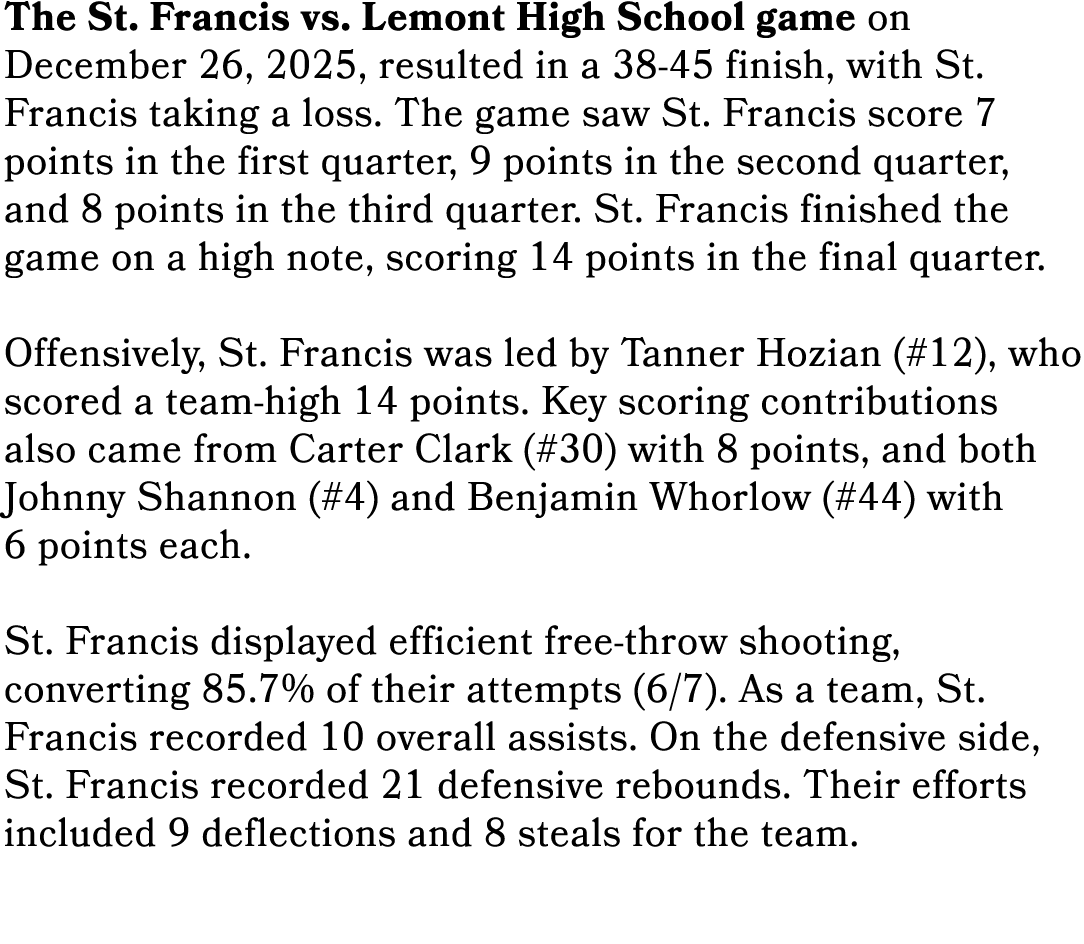 The St. Francis vs. Lemont High School game on December 26, 2025, resulted in a 38 45 finish, with St. Francis taking...