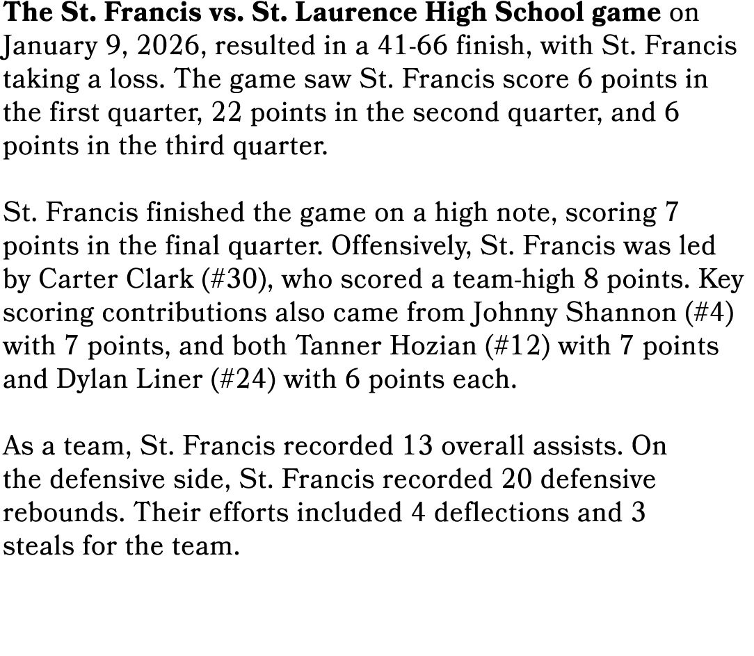The St. Francis vs. St. Laurence High School game on January 9, 2026, resulted in a 41 66 finish, with St. Francis ta...