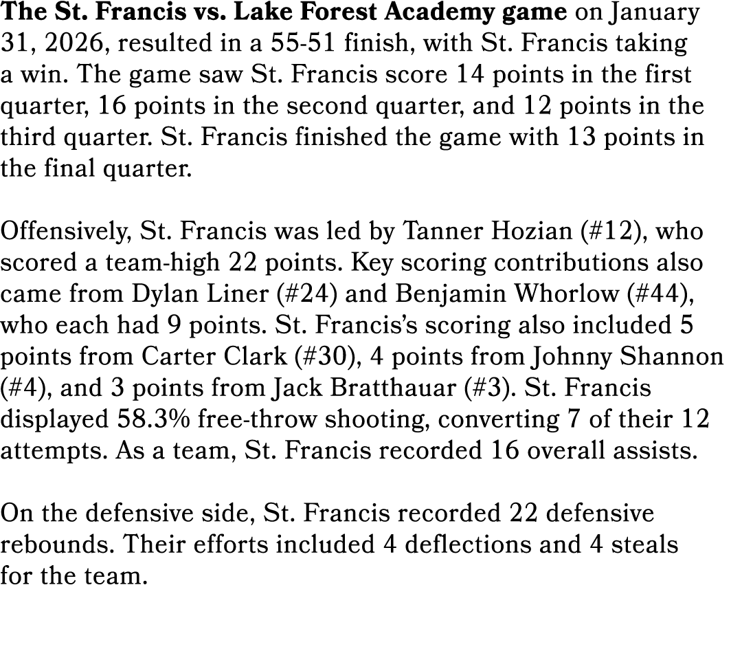 The St. Francis vs. Lake Forest Academy game on January 31, 2026, resulted in a 55 51 finish, with St. Francis taking...