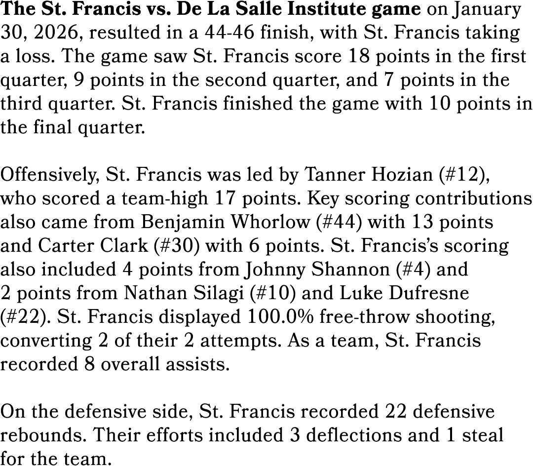 The St. Francis vs. De La Salle Institute game on January 30, 2026, resulted in a 44 46 finish, with St. Francis taki...