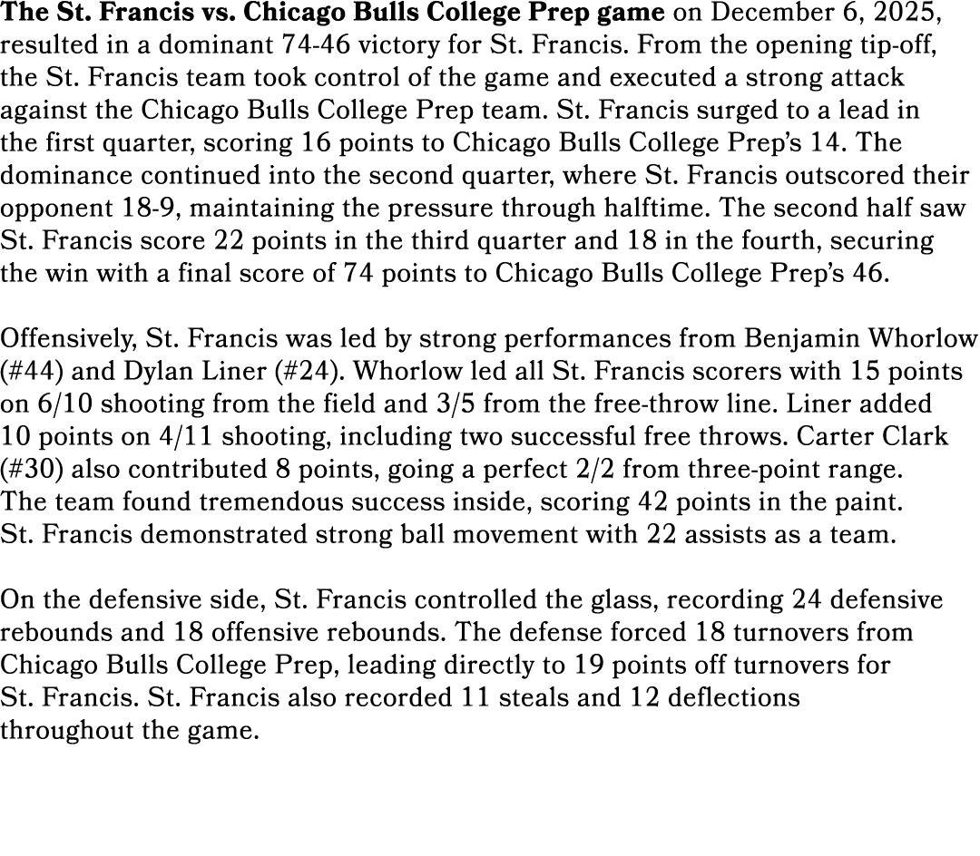 The St. Francis vs. Chicago Bulls College Prep game on December 6, 2025, resulted in a dominant 74 46 victory for St....