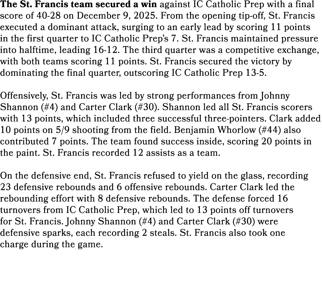 The St. Francis team secured a win against IC Catholic Prep with a final score of 40 28 on December 9, 2025. From the...