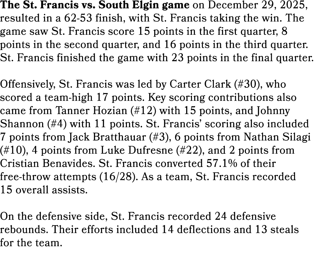 The St. Francis vs. South Elgin game on December 29, 2025, resulted in a 62 53 finish, with St. Francis taking the wi...