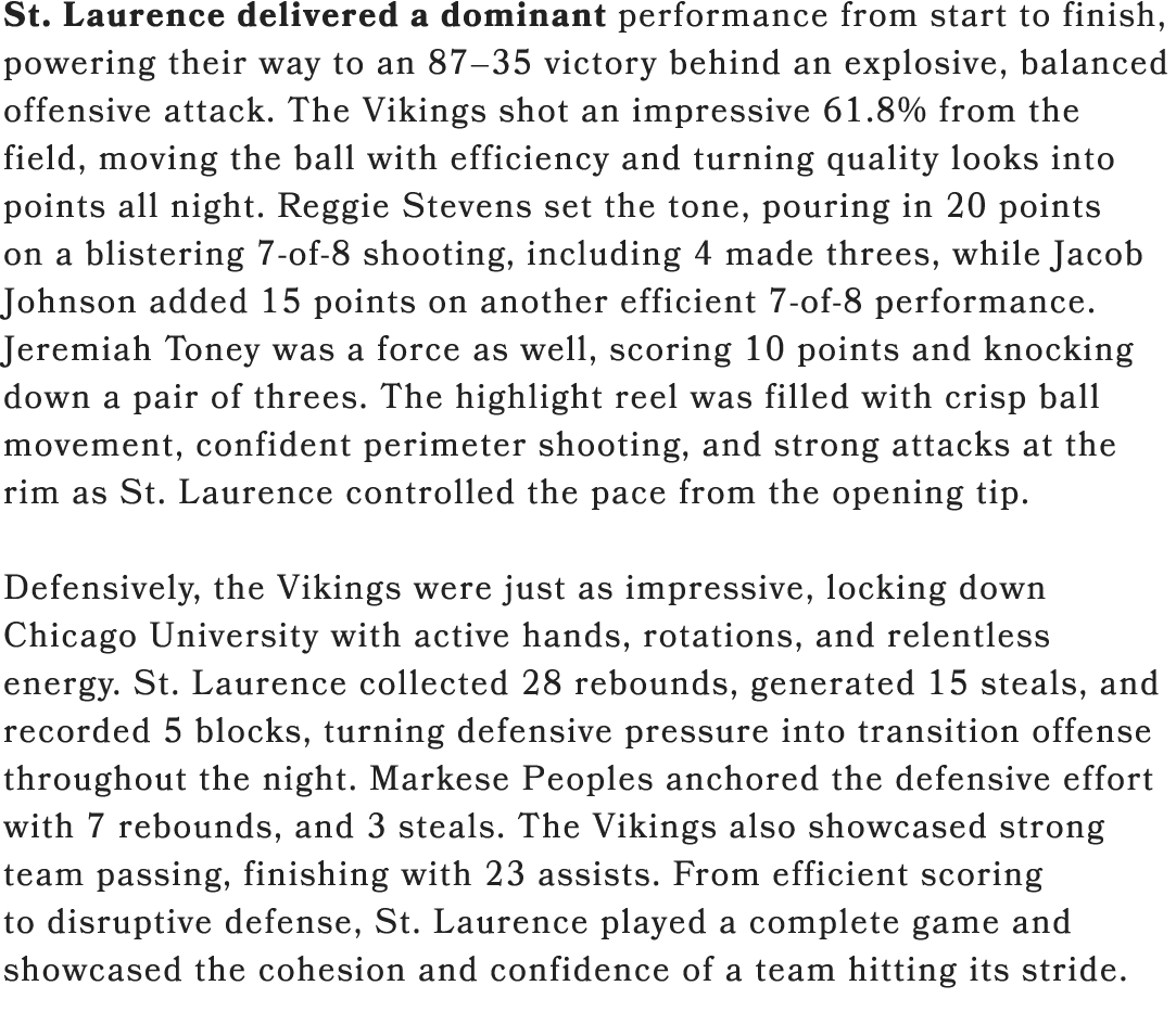 St. Laurence delivered a dominant performance from start to finish, powering their way to an 87–35 victory behind an ...