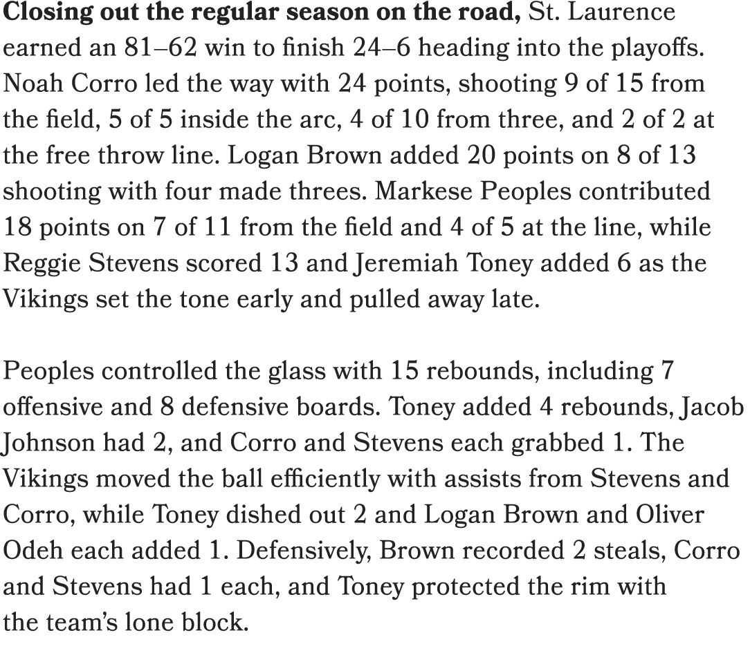 Closing out the regular season on the road, St. Laurence earned an 81–62 win to finish 24–6 heading into the playoffs...