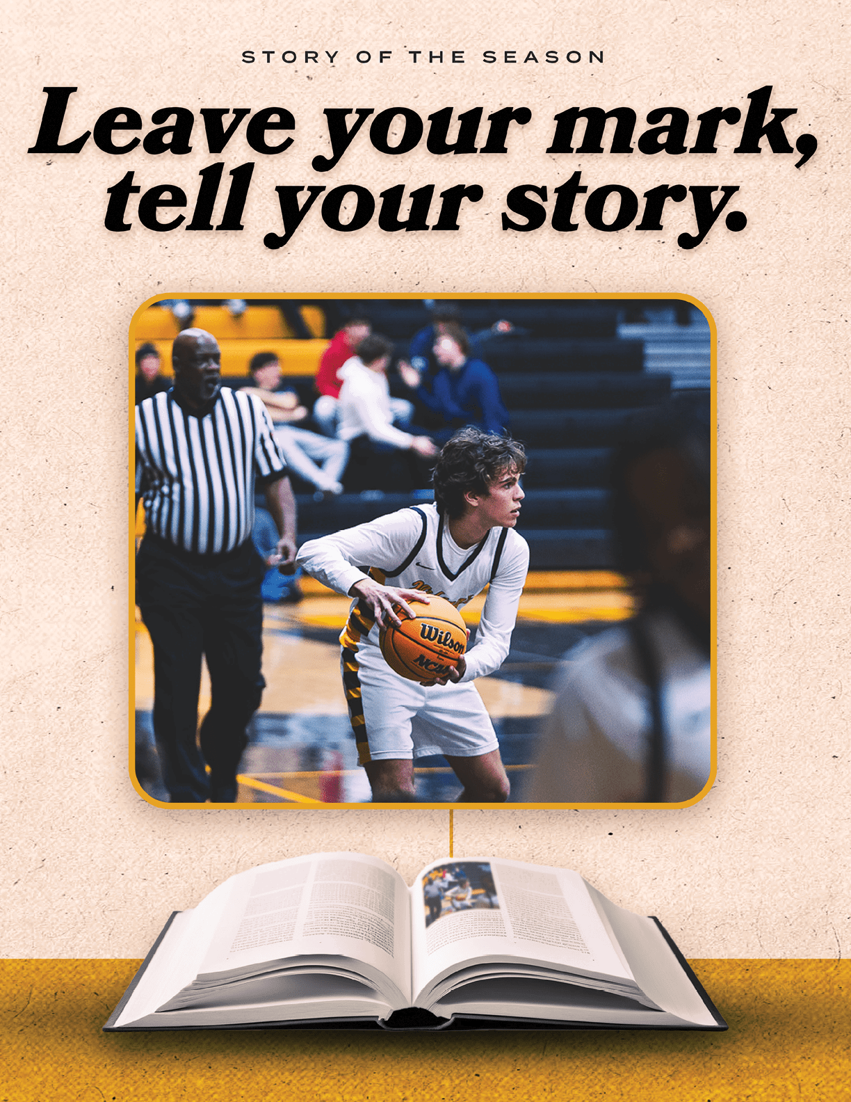 A young man holding a basketball on a court with a referee and other people in the background. Contenido generado con IA