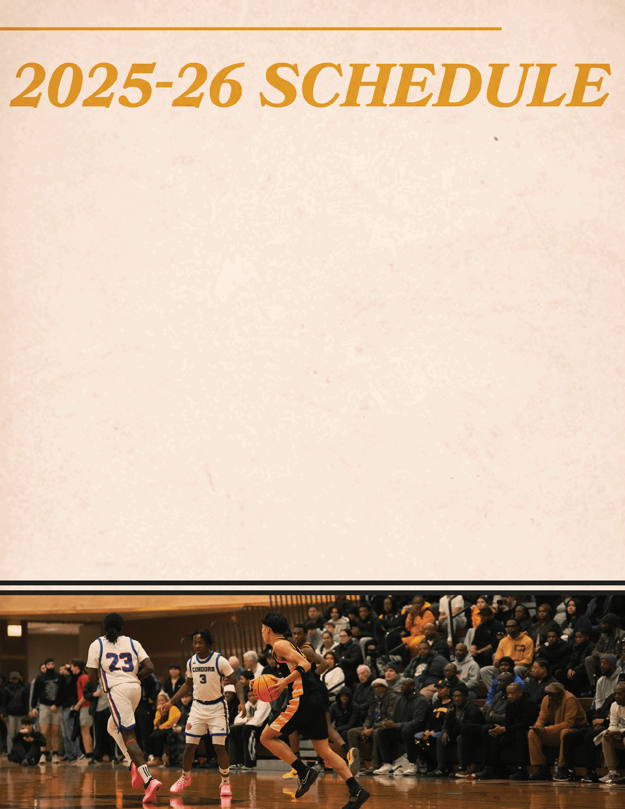 A basketball game is taking place with a group of people on the court. One person is holding a basketball, and another person is running with a basketball. There are several other people in the scene, some of whom are wearing uniforms. The image is described as a “2025-26 schedule" which suggests that it is a planned event. Contenido generado con IA