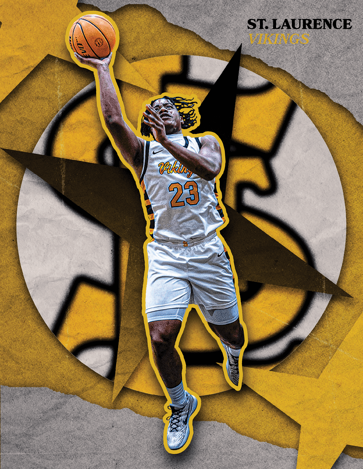 A basketball player wearing a white jersey with the number 23 on it, jumping up to catch a basketball. Contenido generado con IA