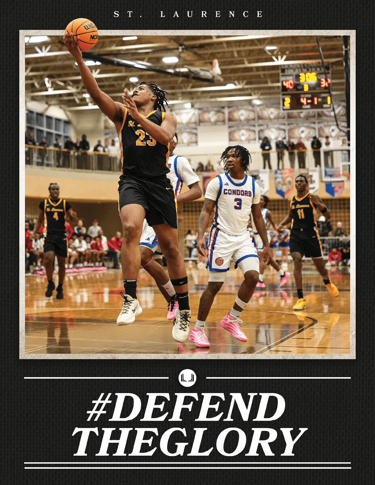 A basketball player wearing a yellow jersey shoots a basket. Contenido generado con IA