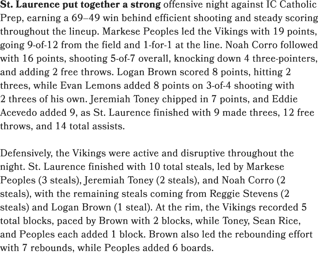 St. Laurence put together a strong offensive night against IC Catholic Prep, earning a 69–49 win behind efficient sho...