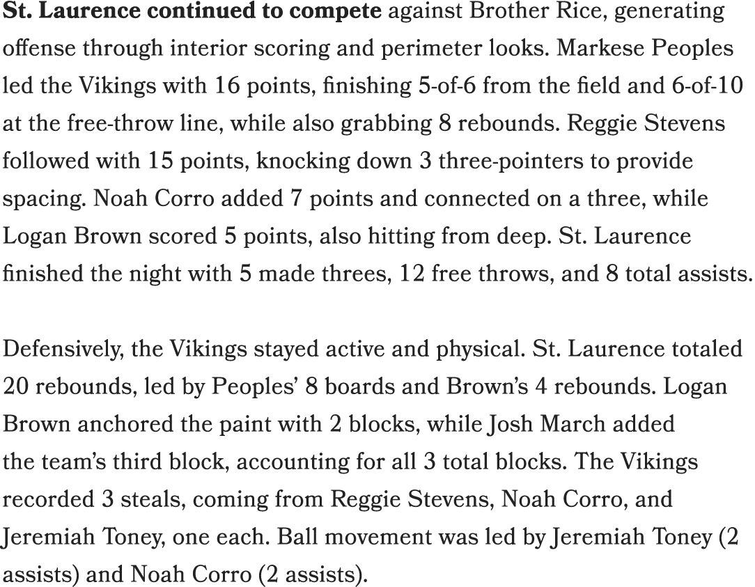 St. Laurence continued to compete against Brother Rice, generating offense through interior scoring and perimeter loo...