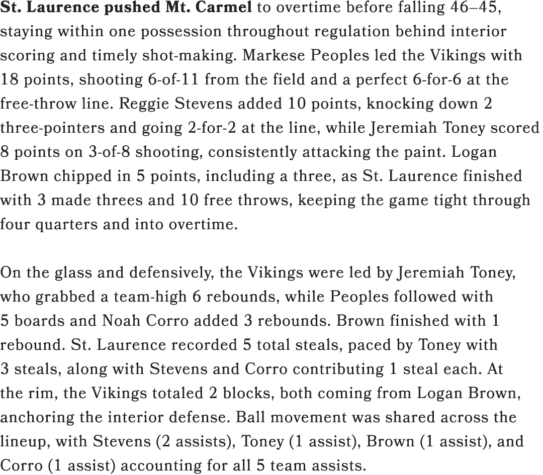 St. Laurence pushed Mt. Carmel to overtime before falling 46–45, staying within one possession throughout regulation ...