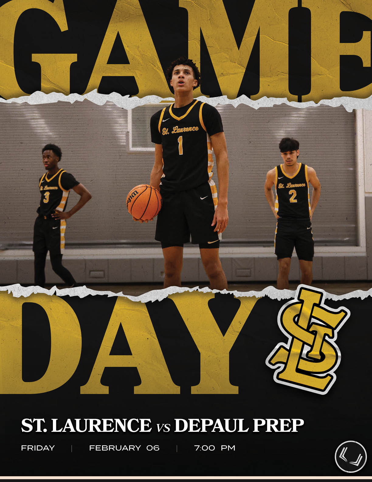 Basketball players from St. Lawrence and DePaul Prep are shown on a poster. AI generated content