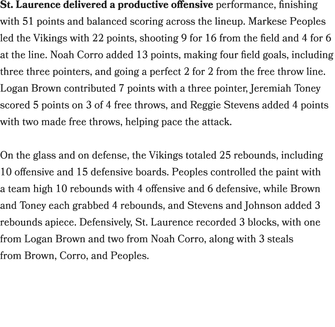 St. Laurence delivered a productive offensive performance, finishing with 51 points and balanced scoring across the l...