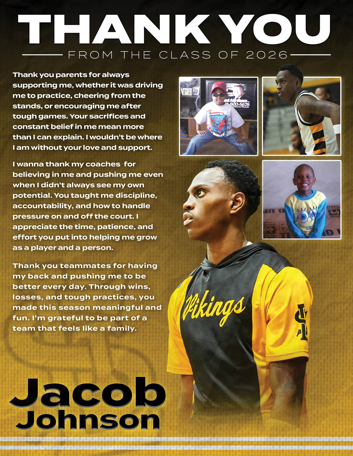 A young man wearing a yellow and black jersey with the word “Vikings" on the front. AI generated content