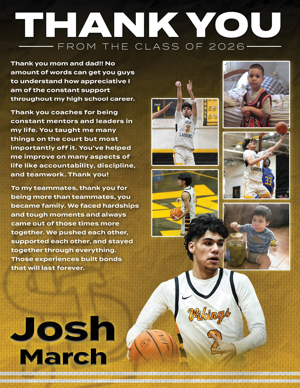 A basketball player named Josh March is shown on a poster with a thank you message. AI generated content