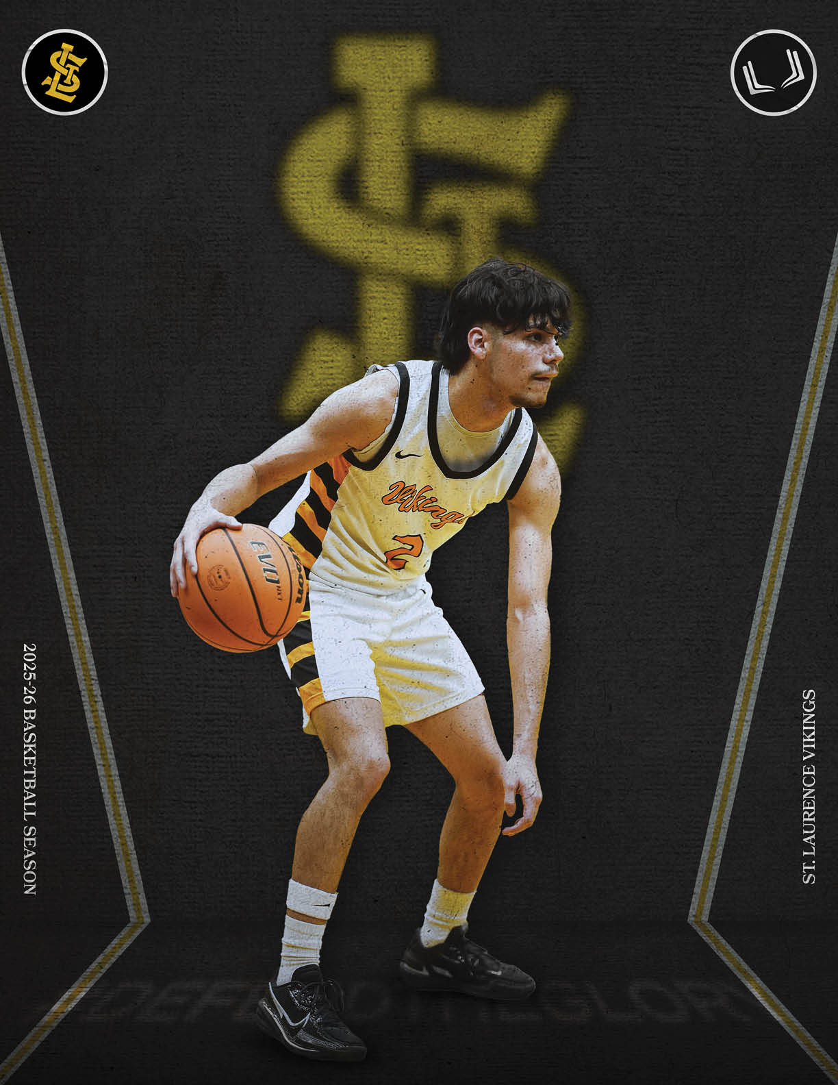 A man wearing a white and yellow shirt is holding a basketball. AI generated content