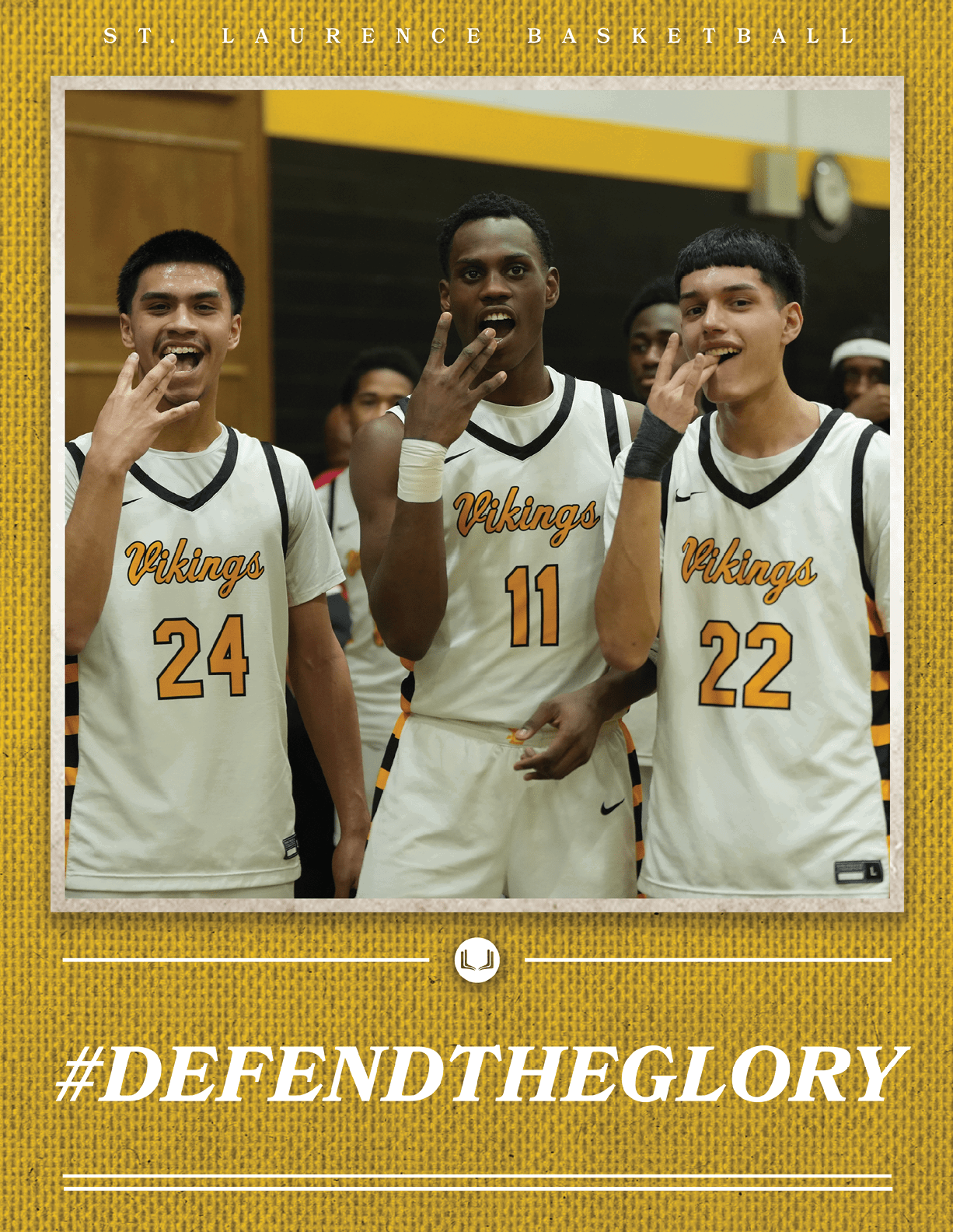 Three basketball players wearing white jerseys with the number 24, 11, and 22 pose for a picture. AI generated content