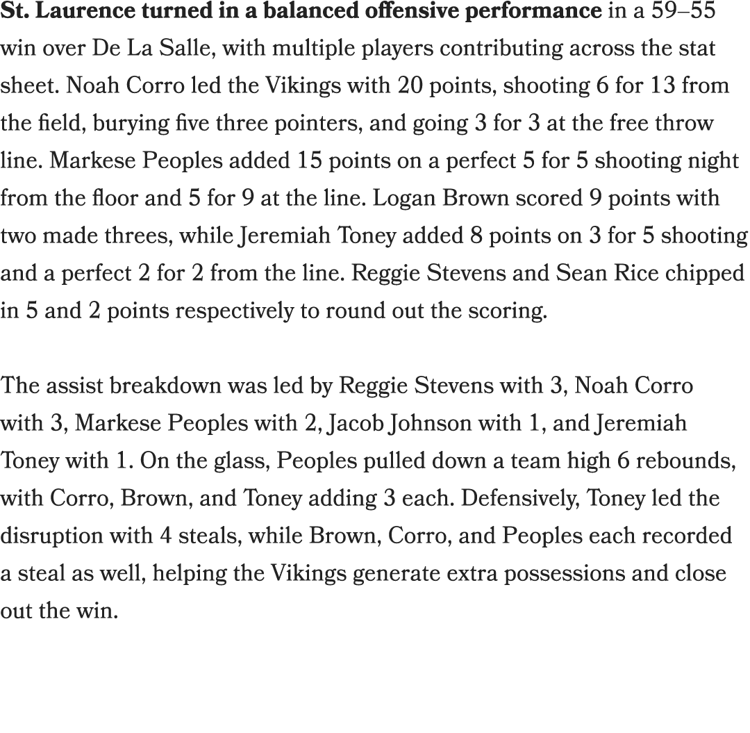 St. Laurence turned in a balanced offensive performance in a 59–55 win over De La Salle, with multiple players contri...