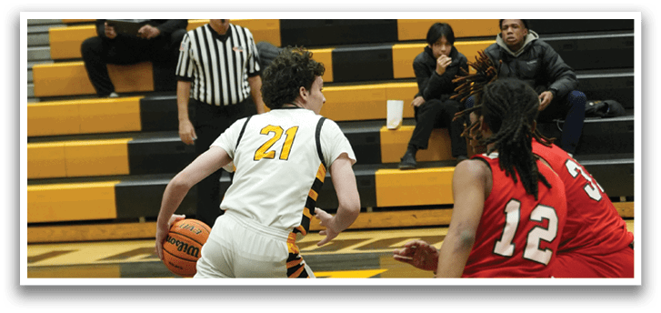 Two basketball players are fighting for the ball during a game. AI generated content